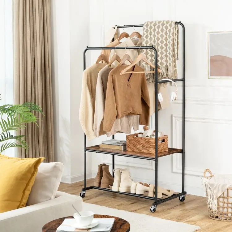 Wholesale Portable Clothes Hanger Rack Moveable Rolling Garment Rack Mobile Cloth Drying Stand on Wheels for Bedroom