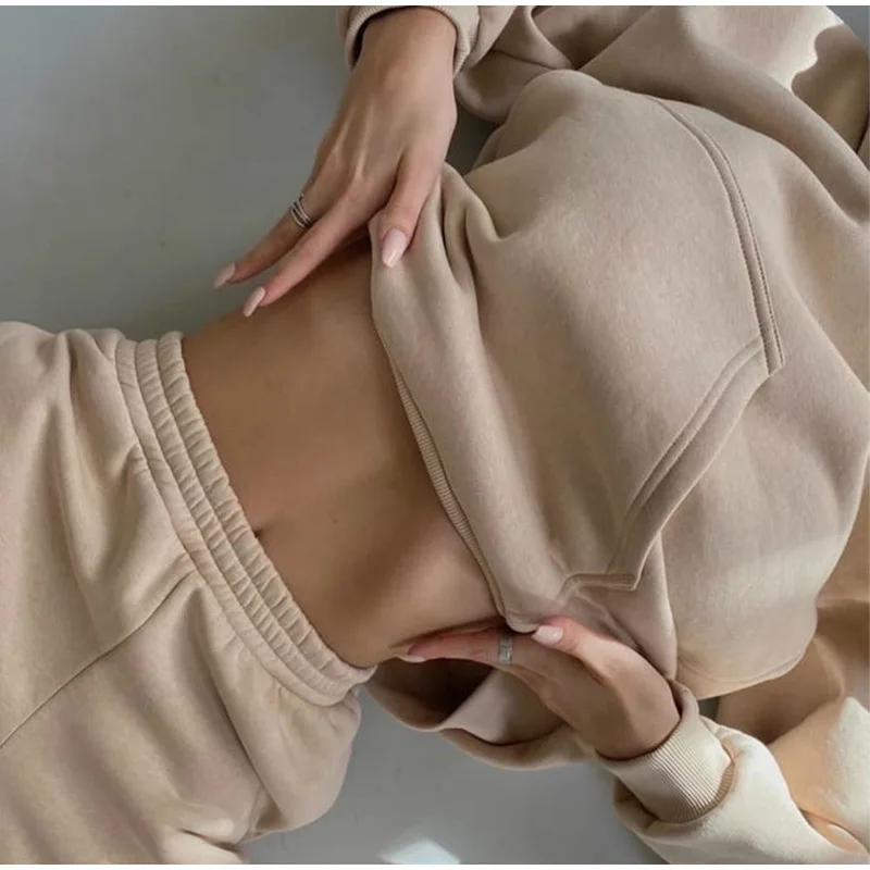 Ying Tang Custom Drop Shoulder Streetwear Without Strings Loose Casual Hoodie For women Long Sleeve Sweatshirt Set OEM/ODM