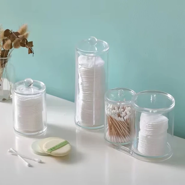 Multi Shaped Clear Acrylic Transparent Round Cotton Swab Holder Storage Box Cotton Ball And Swap Holder Can