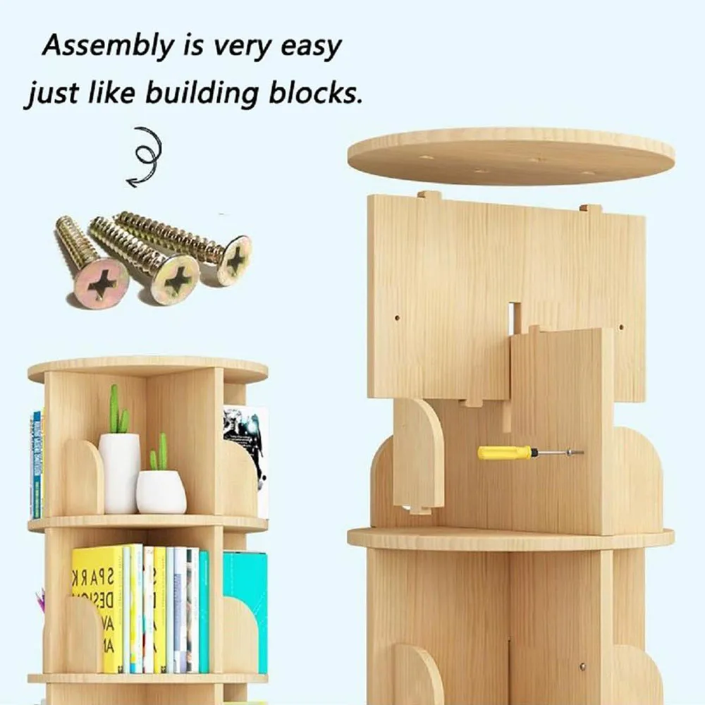 Modern 3-Tier Rotating Bookshelf with 360 Display Wood Panel Standing Kids Bookcase with Legs details