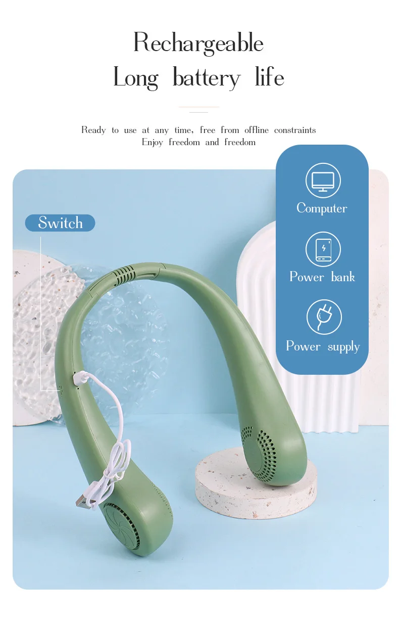 DD5616 Factory Direct Sale USB Charging Wearable Neck Fan 3 Speeds Rechargeable Mini Portable Neck Fan for Outdoor Sports