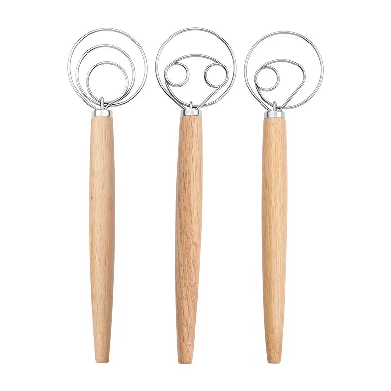 Dough Whisk Stainless Steel Dutch Style Bread Dough Hand Mixer Long Wooden Handle Kitchen Baking Tools for Bread  and Pastry