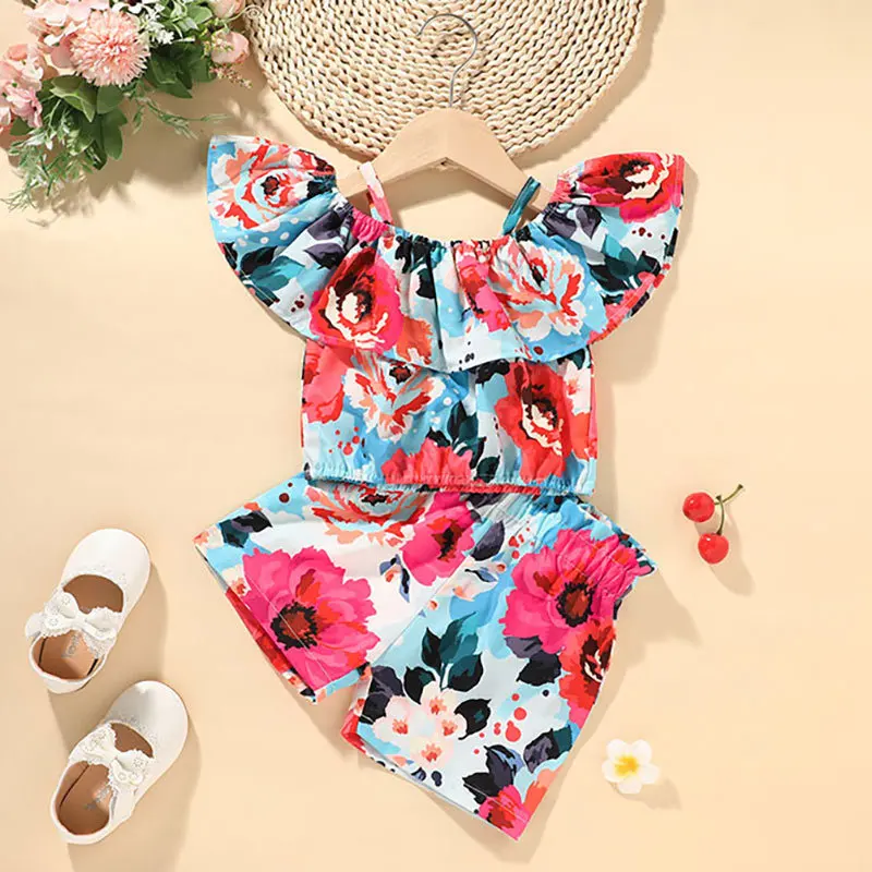 Summer boutique newborn baby girls clothes fashion printing design two piece toddler girls clothing kids outfits
