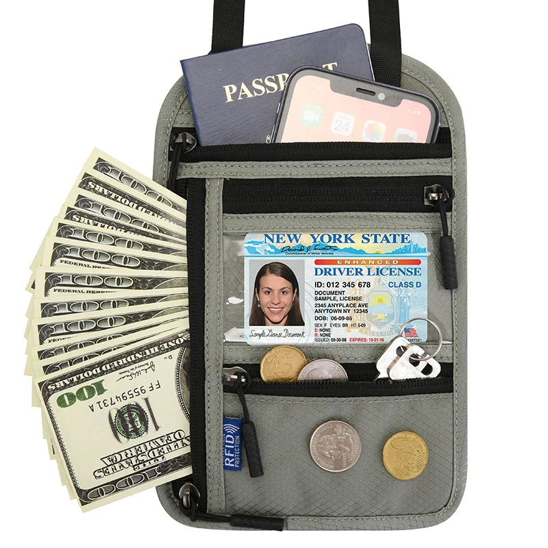 Neck Hanging Passport Cover Cash Wallet Pouch FREE Card Case Water Resistant 