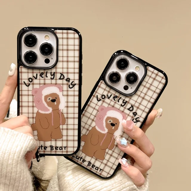 Acrylic +TPU Cute Cartoon Magnetic Plaid Snot Bear phone case For Iphone 15 pro max/15pro/14/13/12/11