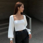 Long Elegant Side Split Knitted Women's Knit Sweater Square Collar Long Sleeve Sexy Tops