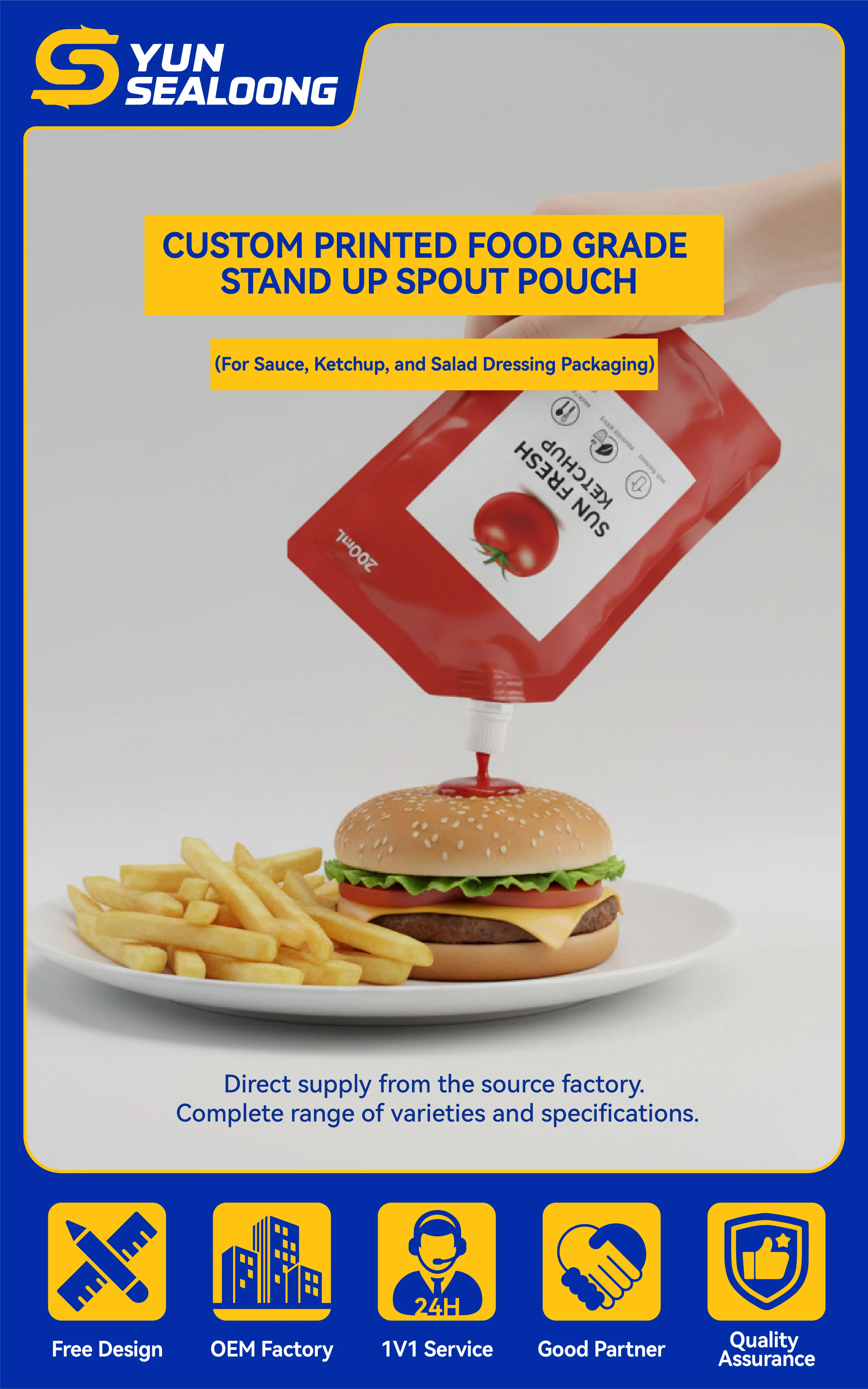 Custom Printed Food Grade Stand up Spout Pouch for Sauce, Ketchup, and Salad Dressing Packaging