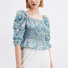 Sleeve Top Hot Selling Fashion Lantern Puff Sleeve Blouse Blue Crop Top Floral Top