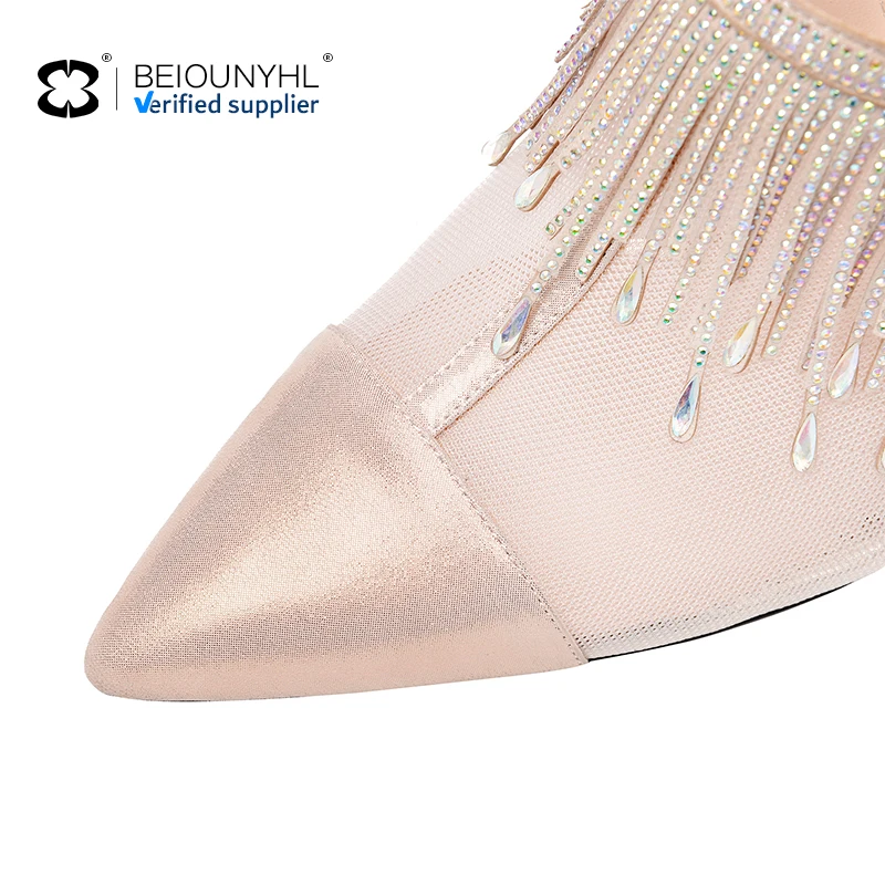 genuine leather custom tassel diamond chain pointy heel 8CM stilettos luxury sexy summer hollow mesh lady sandals
