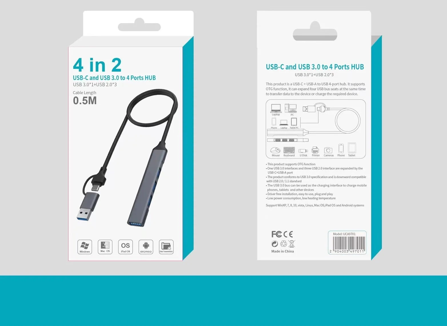 Câble HUB 4 en 2 USB-C et USB 3.0 à 4 ports, longueur 0.5m, pour souris, clavier et disque u, téléphone, tablette, imprimante, caméras