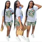 Summer 2021 Cute Women's Wear Tshirt With Biker Shorts 2 Piece Camo Cartoon Printed 2 Piece Summer Short Set