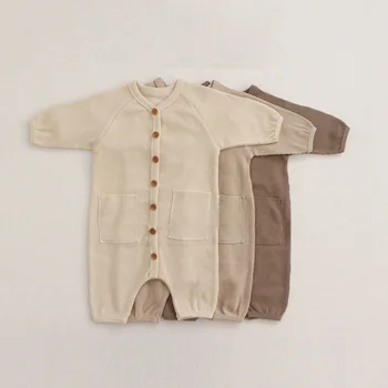 hot sale new born organic Waffle Knotted cotton jumpsuits buttons baby bodysuit oversized kids romper set clothes buckle