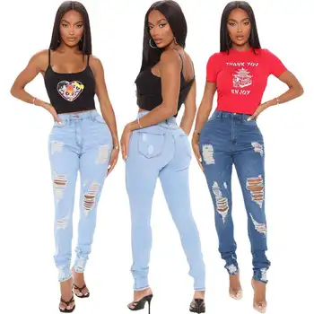 High waisted elastic blue black denim women's wide leg pants women's pencil jeans slim fit jeans