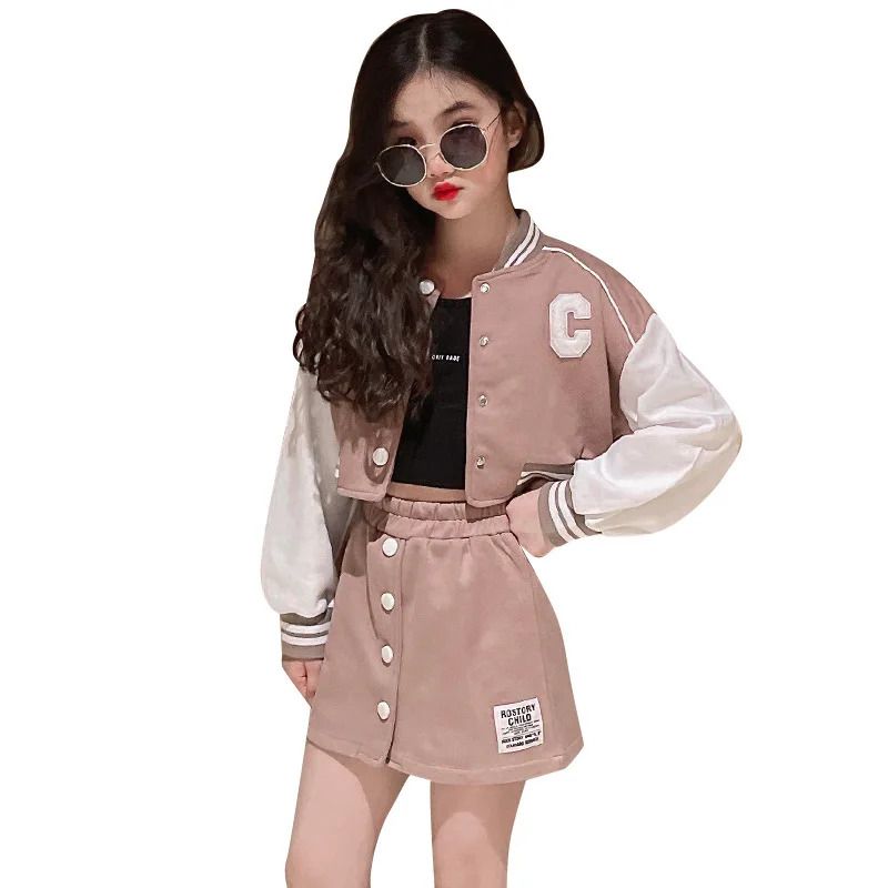 Teen Girls Clothing 5 to 14 Years Spring Junior Girls Loungewear Suit Baseball Uniform Jacket Coat + Pleated Skirt Outfit Set
