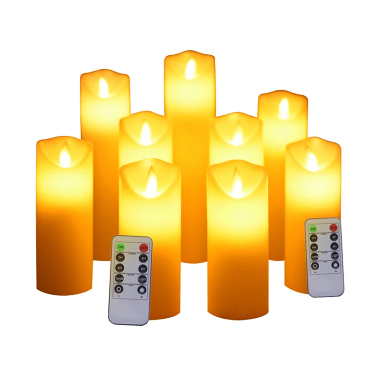 Set Of 9 Flameless Pillar  Candles Wick LED Timer Remote Safe To Use 
