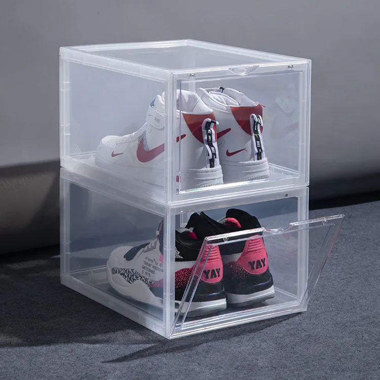 Wholesale Stackable Drop Side Magnetic Transparent Plastic Shoes Sneakers Shoe Display Crate Box Sneaker Storage