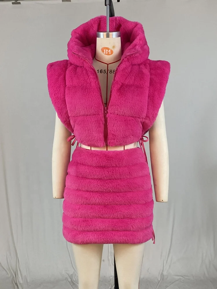 Sexy Two Piece Dress Set Zip Sleeveless Fur Crop Puffer Jacket And Mini Skirts Fall Winter Women Warm Outfits
