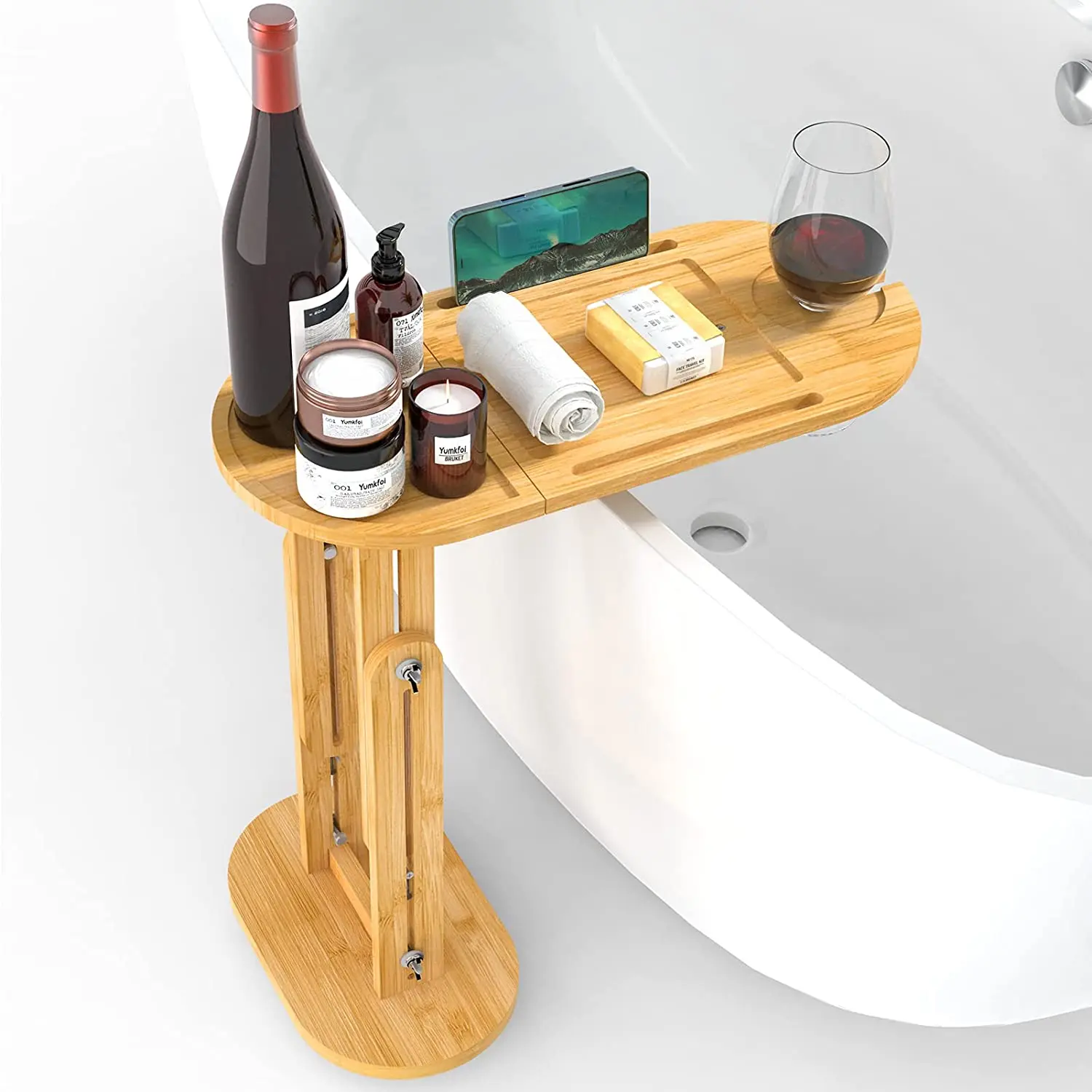 Luxury Extendable Bamboo Bathtub Caddy with Book and Wine Holder Organizer Soap Bamboo Bathtub Tray