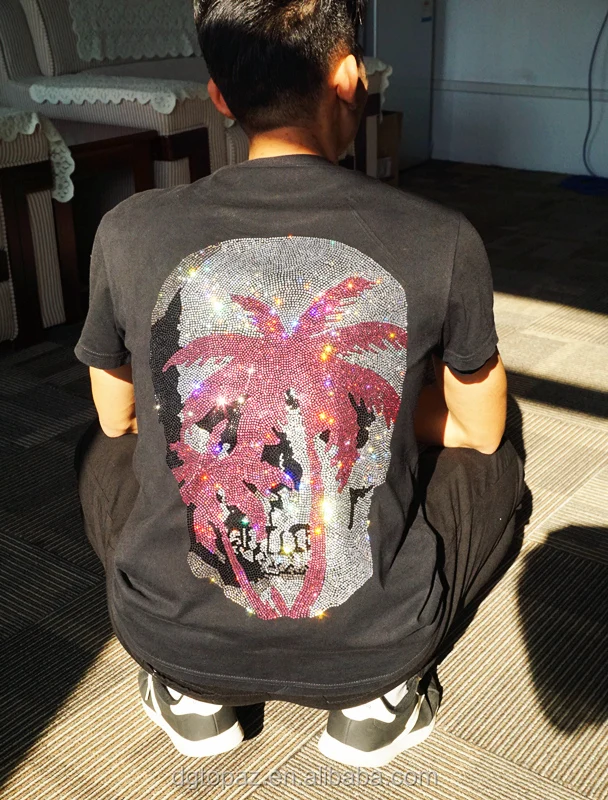 Paris tower custom free sample wholesale rhinestone tshirts heat transfer motif