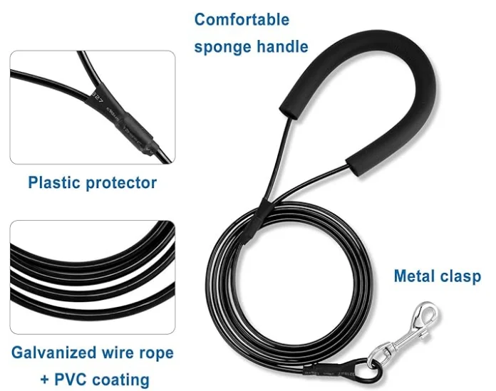 Galvanized steel PVC coated pet traction wire rope double-ended dog leash wire dog leash camping outdoor cable training rope supplier