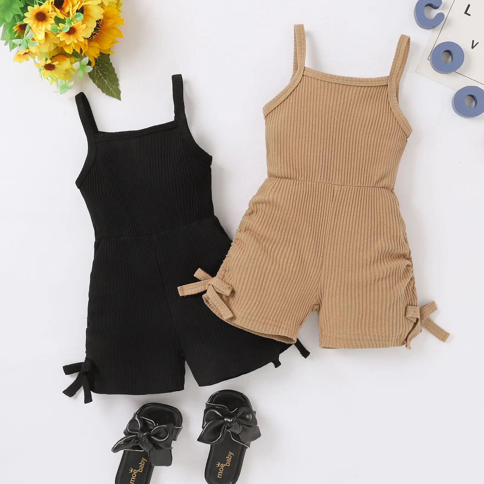 Wholesale new design toddler girls solid sleeveless jumpsuits casual summer shorts bodysuits kids clothing