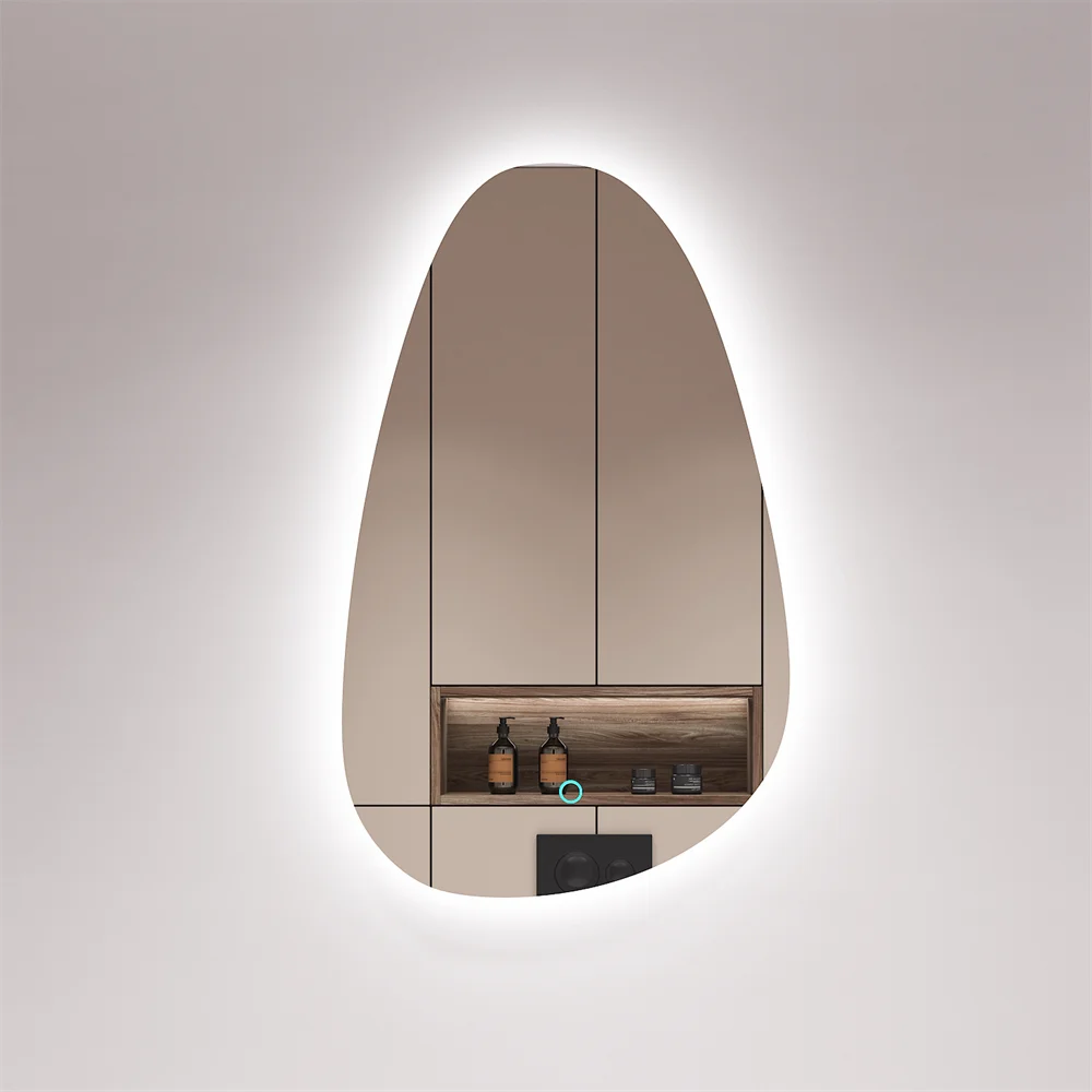 Modern Irregular Shape Wall Mounted Smart Bathroom Mirror Anti-fog Frameless LED Lighted Bath Mirror