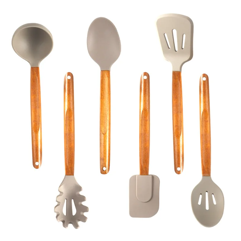 Non-Stick Cookware Heat Resistant Silicone Cooking Kitchen Utensil Spatula Accessories Set With Wooden Handles and Holder