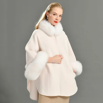 2022 Korean Women's Cashmere Coat Female Autumn Wool Cloak Cape Shawl Women Winter Thick Real Fur Collar Woman's Cashmere Coats
