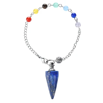 Natural Crystal Pendulums 7 Chakra Round Beads Chain Pointed Cone Reiki Pendulum Pendant for Divination Dowsing