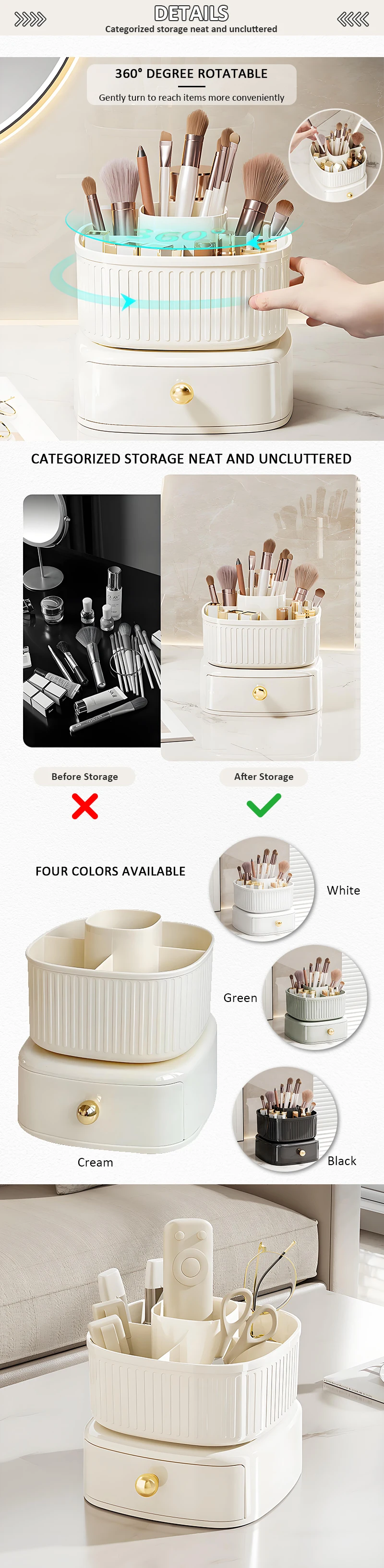 product 360 degrees rotating makeup brush holder with drawer makeup organizer countertop skincare storage for vanity desktop bathroom-6