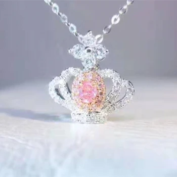 Trendy 2019 Jewelry Crown Diamond Pendant 18k Gold 0.075ct Natural Real Pink Diamond Charm Necklace