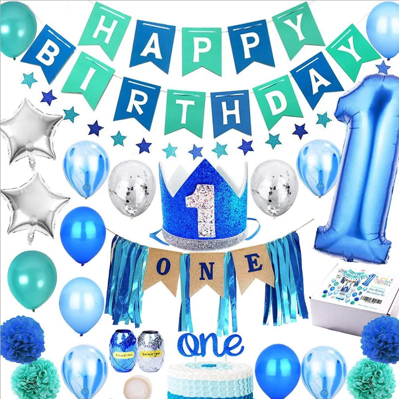 Custom Blue Children Happy Birthday Foil Blue Balloons Set 1st birthday party decoration for one year baby boy