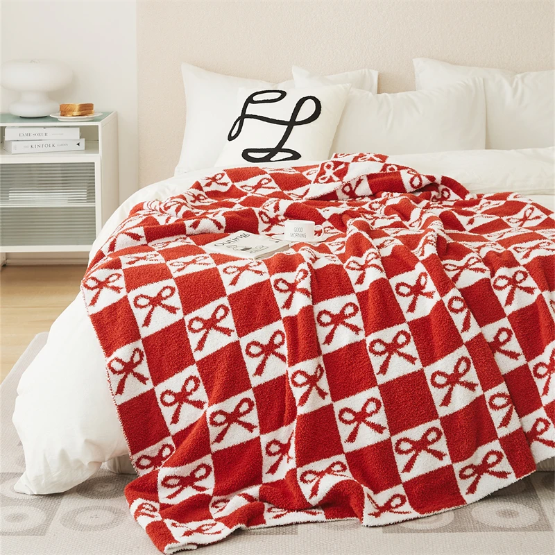 product zs bow warm soft checker decorative 100 polyester knitted throw baby blanket home office-60