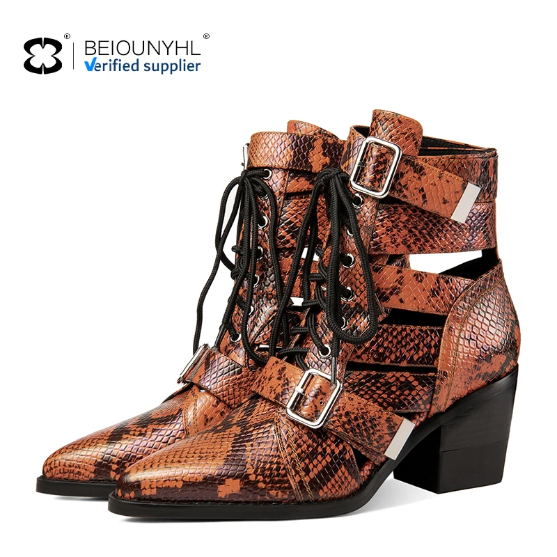 2023 Hot Selling Manufacturer's Pointed Thick Heel Hollow Lace Up Casual Women's Sandals Large Sandals Belt Buckle Short Boots