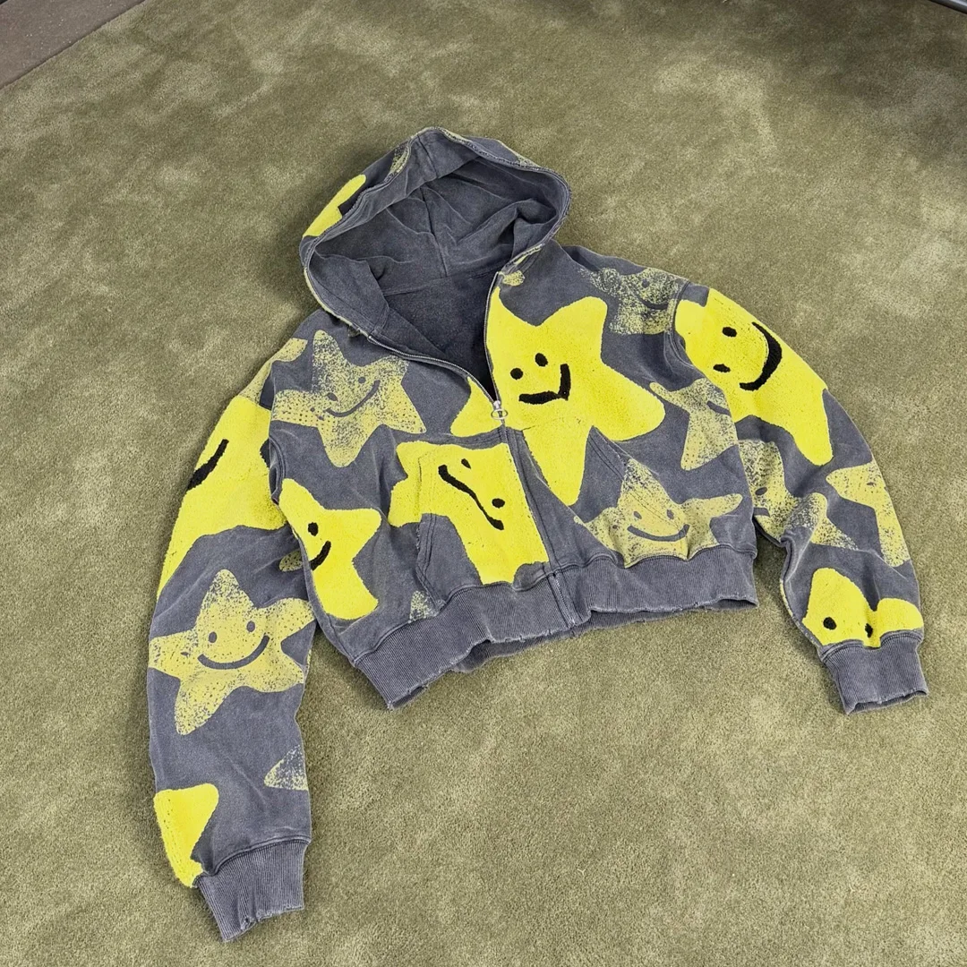 product odm 100 cotton eco friendly breathable dark grey for star print regular zip up hoodie men streetwear wholesale-3