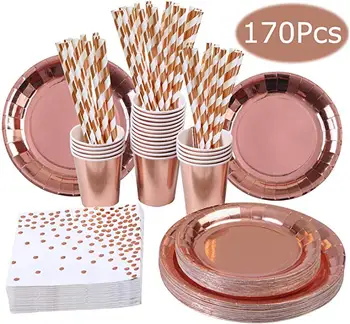 Children's Birthday Set Rose Gold Paper Cups Party Disposable Cups Dessert Plates 170 Pieces Rose Gold Party Tableware