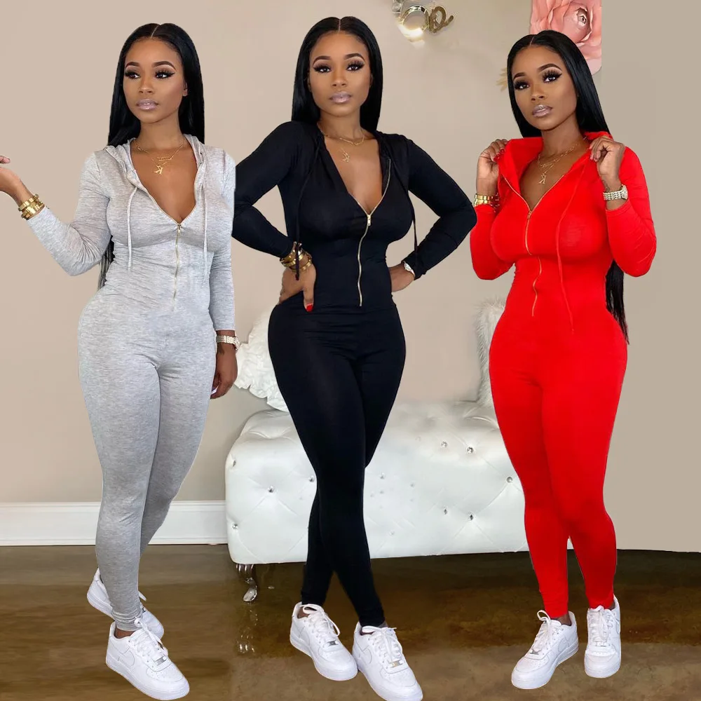 solid hooded zipper yoga jumpsuits