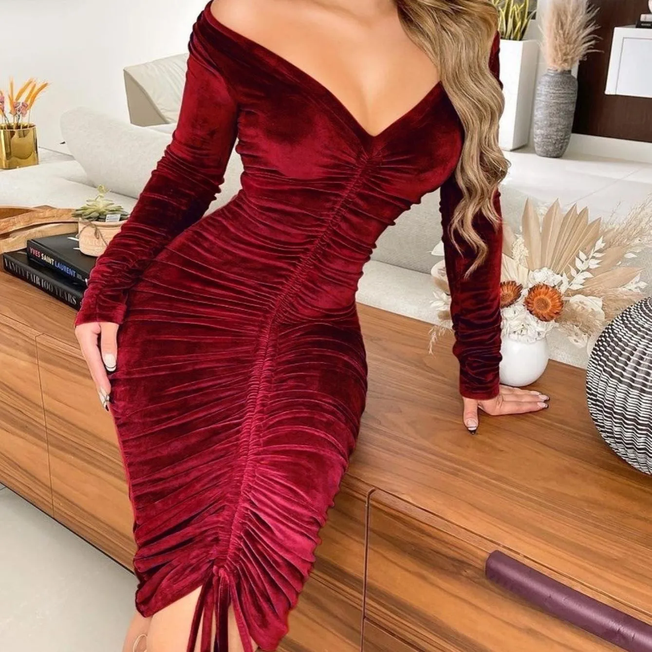 Women's Dresses V Neck Off The Shoulder Velvet Ruched Mid-length Dresses Hd44ca998b92a4d198b480bfa07c0a550G