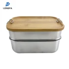 Eco-friendly Bamboo Cover Metal Food Container Wooden Stainless Steel Bread Bento Box Steel Lunch Box