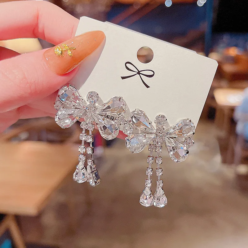 S925 sterling silver luxury exquisite temperament long tassel rhinestone bowknot fashion jewelry earrings