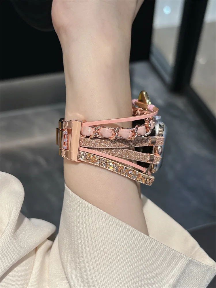 Bohemian Leather Chain Bracelet For iWatch 9/8/7/6 Fashion Luxury Women Heart Diamond Glitter Watch Straps For Apple Watch 49/45