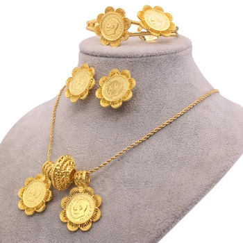 Ethiopian 24K gold plated jewelry sets Big Coin Pendant Necklace Earring Ring Dubai gifts for women African wedding bridal set