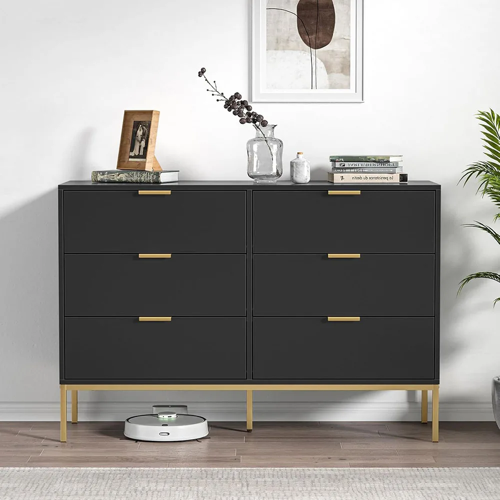 Modern 6-Drawer Dresser with Golden Handles Black Wood Storage Closet Organizers for Bedroom & Living Room manufacture