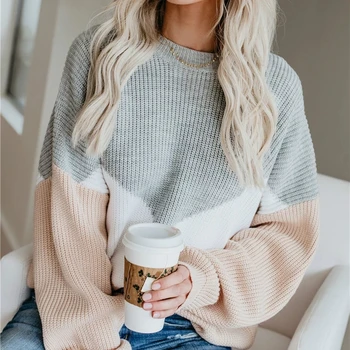 Autumn Winter Loose Knitted Sweater Women 2021New Color Block Striped Sweaters Ladies Jumpers Oversized Warm Female Pullovers