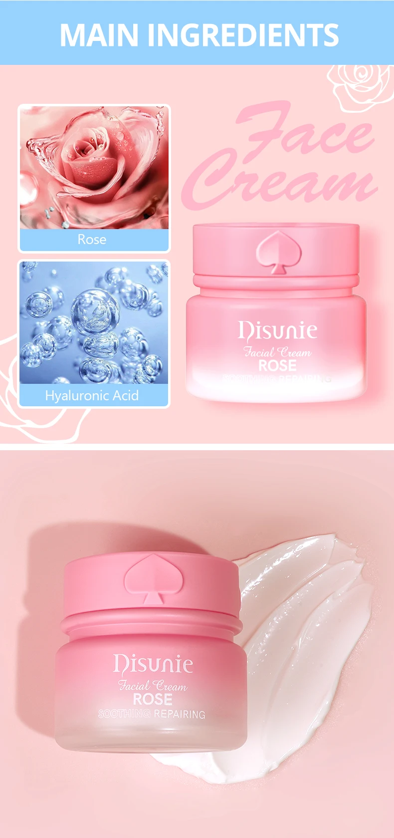 Natural Rose Facial Cream With Hyaluronic Acid Reduce Wrinkles Moisturizing Face Skin Care Firming and Tightening Face Cream