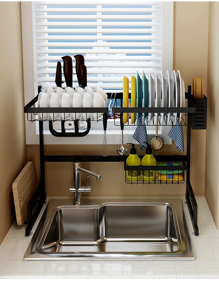 Double Layer Adjustable Over The Sink Dish Drying Rack Kitchen Drain Dish 304 Stainless Steel Sink Rack