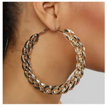 Hip Hops Jewelry Gold Plated Flat Cuban Link Chain Earrings Punk Oversize Cuban Chain Hoop Earrings For Girls
