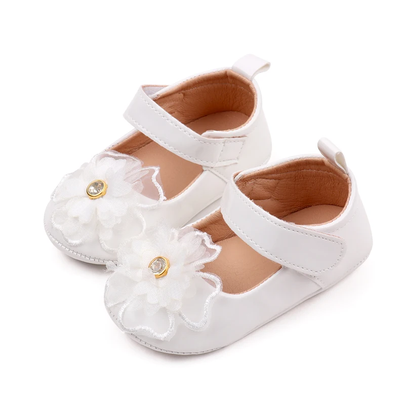 Spring and Autumn Pure Color PU Leather Veil Rhindiamonds Flower Princess Walking Shoes for Baby Girls factory