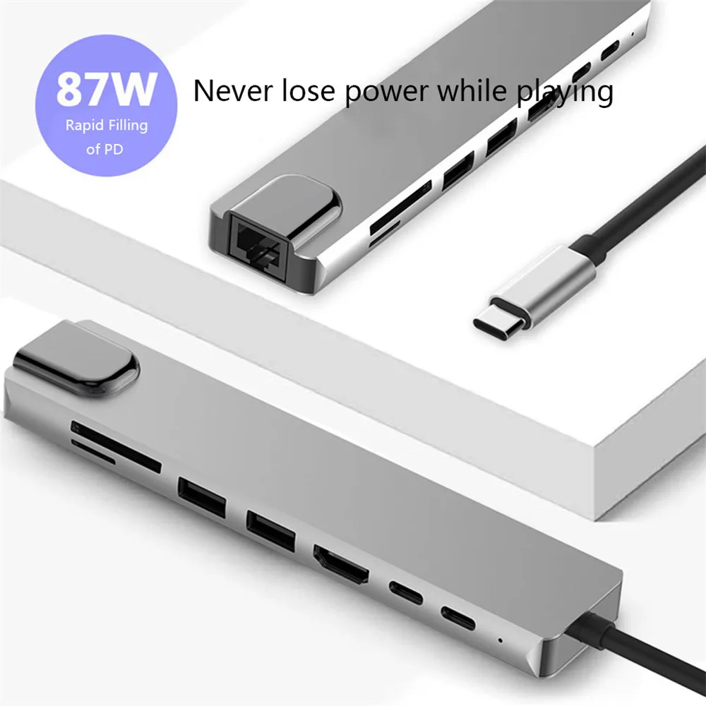 8 en 1 Typt-C USB Type C vers HD RJ45 Gigabit Ethernet Adaptateur USB 3.0 HUB Dock avec lecteur de carte PD Chargeur 87W 4K Multi Adaptateur