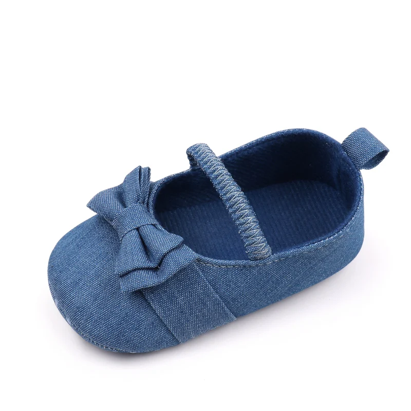 Fashion Trend Baby Solid Color Denim Cute Bow Elastic Princess Mary Jane Flats Toddler Shoes factory